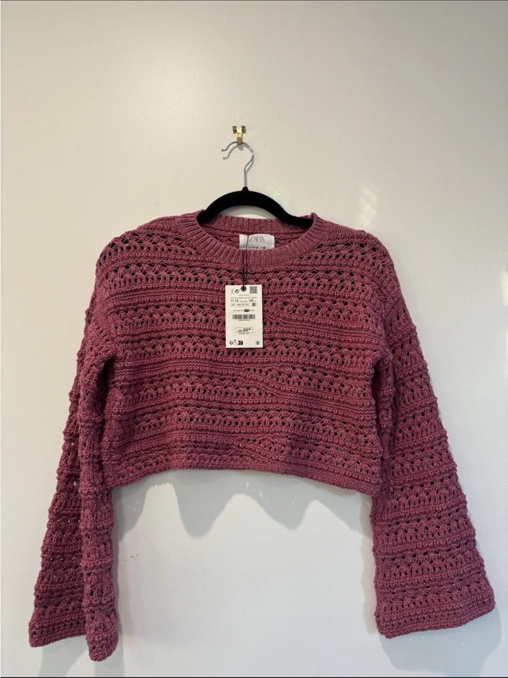 Zara Girls Pink Cropped Crochet Knit Sweater 11-12